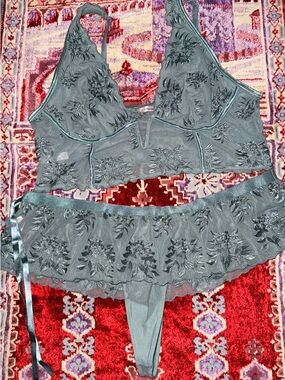 La Vie En Rose Sage Green Embroidered Bralette & Skirted Thong Set